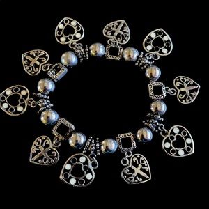 Cross, Heart Silver Tone Beads, Black, White color